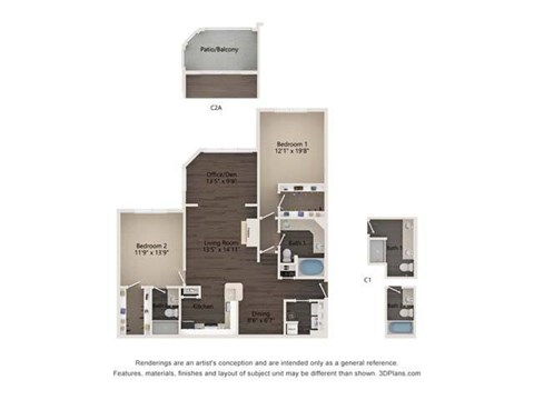 Floor plan for 2 beds, 2 baths, 1212 sqft